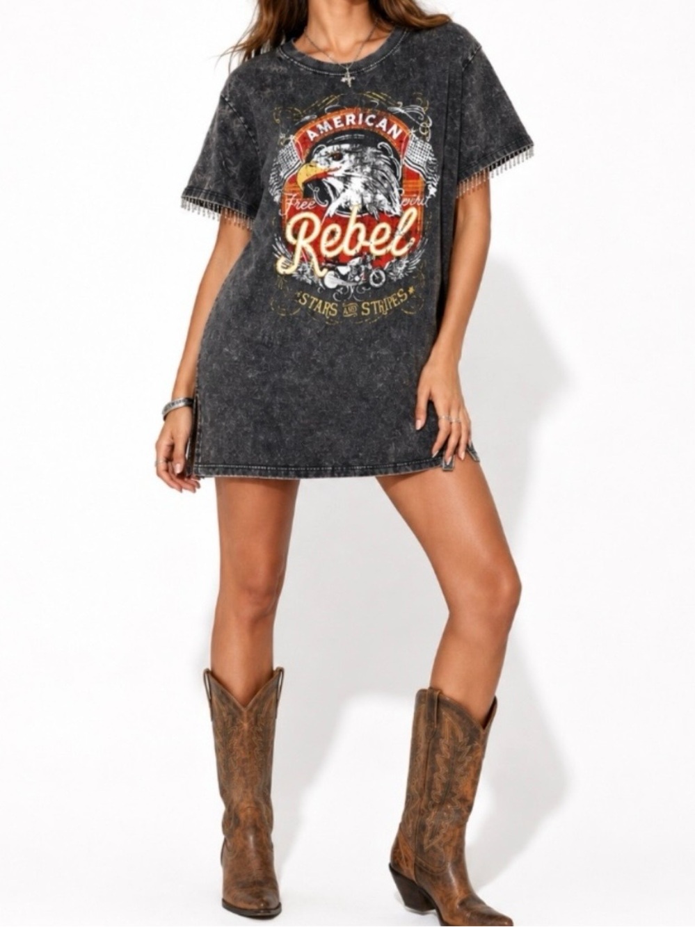 Mimi Chica American Rebel Chain Fringe Mineral Wash Slouchy Moto T-shirt Dress S